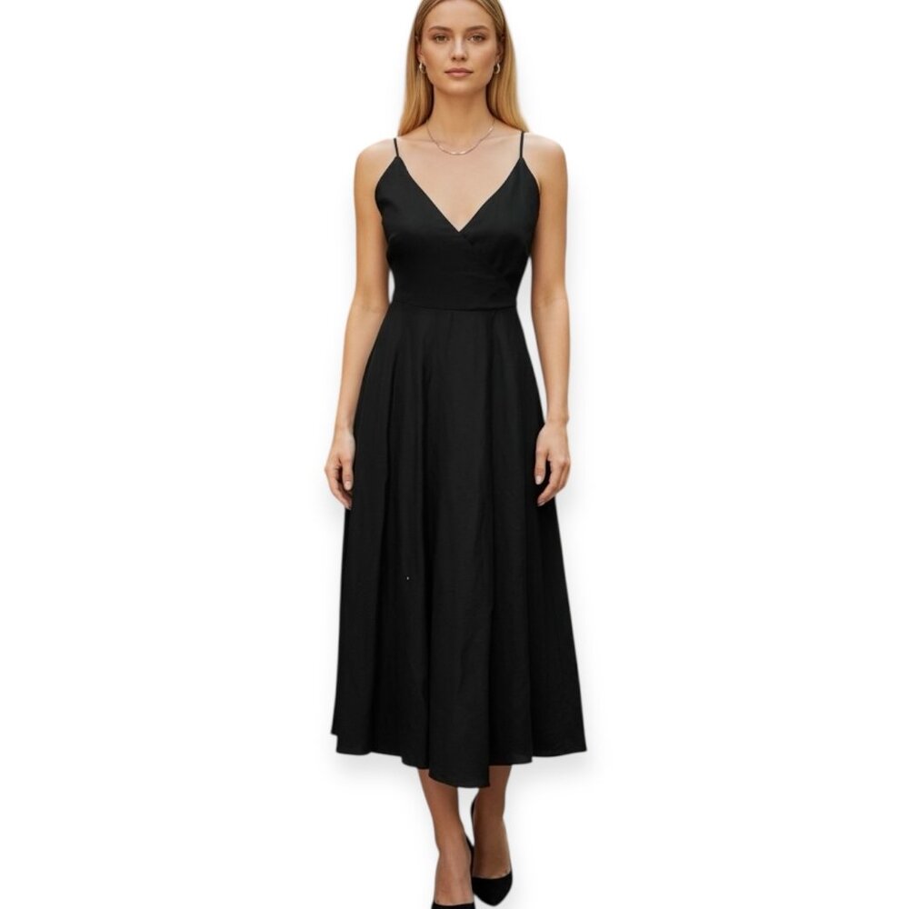 Elegant ZARA Black Linen-Blend Back-Tie Midi Dress – Size M